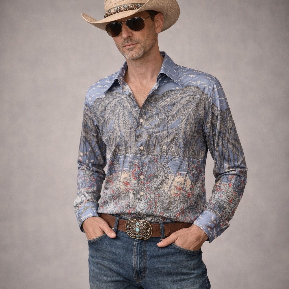 Vintage 70's Burma Oleg Cassini Disco Shirt Men's M Nylon Hawaii Palm Tree